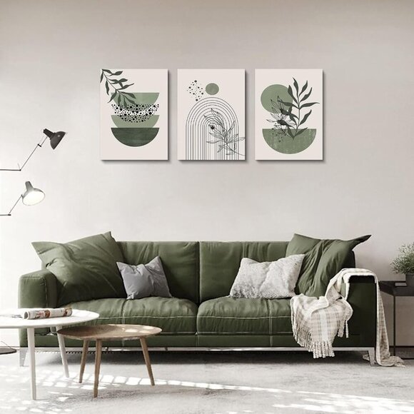 Sage Green Wall Posters & Prints, Green Boho Wall Art Set of 3, Minimalist Frame - Picture 2 of 7
